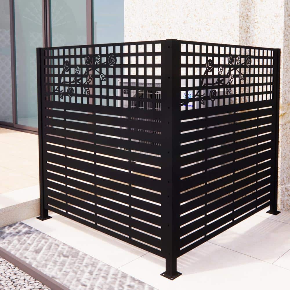 Unbranded 48 in. W x 47.3 in. H Black Rose-Decorated Metal Outdoor Privacy Screen Set of 2, Garden Fence (3)