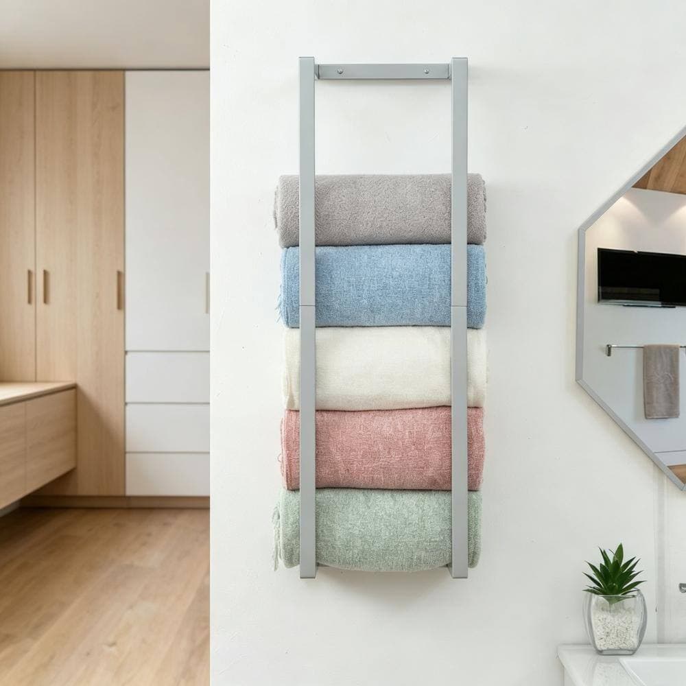 Whatseaso 8.2 in. W 32 in. H x 5.5 in. D Rolled Towel Holder with 3 Compartments Metal Towel Storage Shelf in Silver (2)