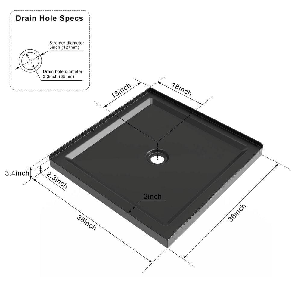 Wudkey 36 in. x 36 in. Single-Piece White Acrylic Shower Base, Non-Slip Shower Pan with Center Drain, Double Threshold in Black (2)