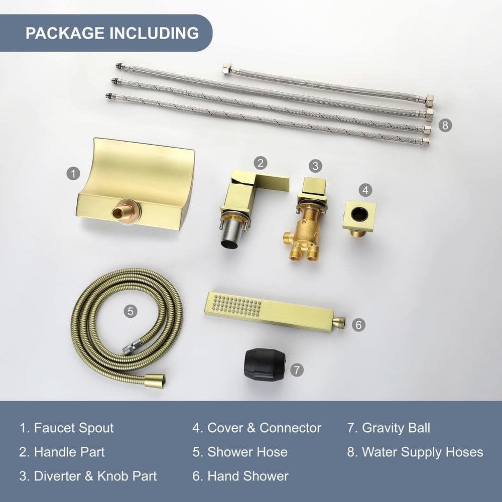 FLG 2-Handle Tub Deck-Mount Roman Tub Faucet with Hand Shower Waterfall Brass Bathtub Filler in Brushed Gold (2)