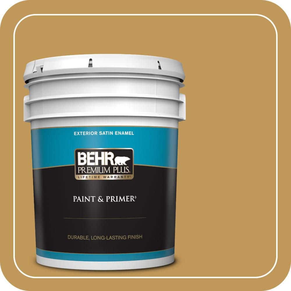 BEHR PREMIUM PLUS 5 gal. #330D-6 Townhouse Tan Satin Enamel Exterior Paint & Primer