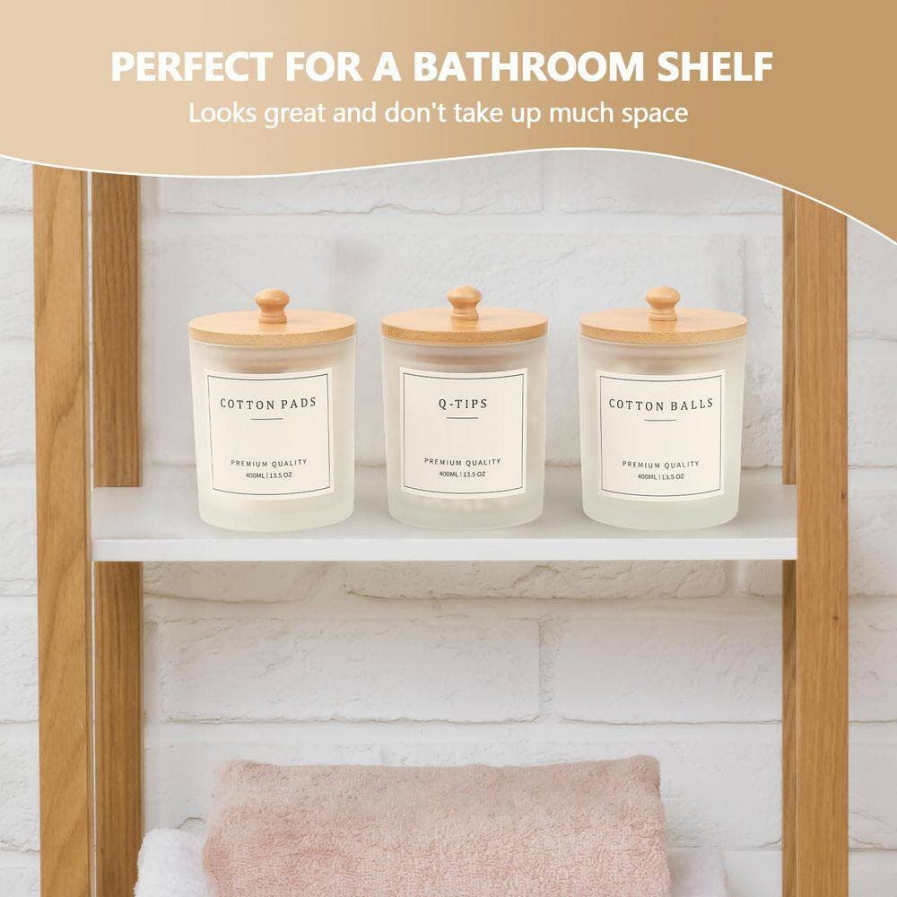 KHKFY 3 Pack Glass Cotton Swab and Cotton Ball Holders with Bamboo Lids and Non-Slip Tray for Bathroom Storage (3)