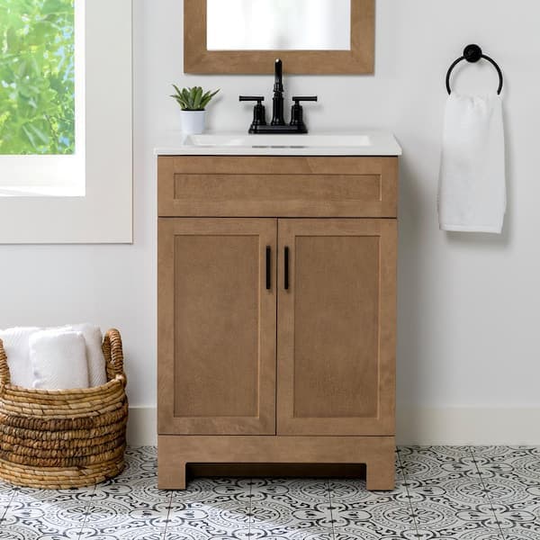 Glacier Bay Lyton 25 in. Single Sink Sand Freestanding Bath Vanity with White Cultured Marble Top (Assembled)