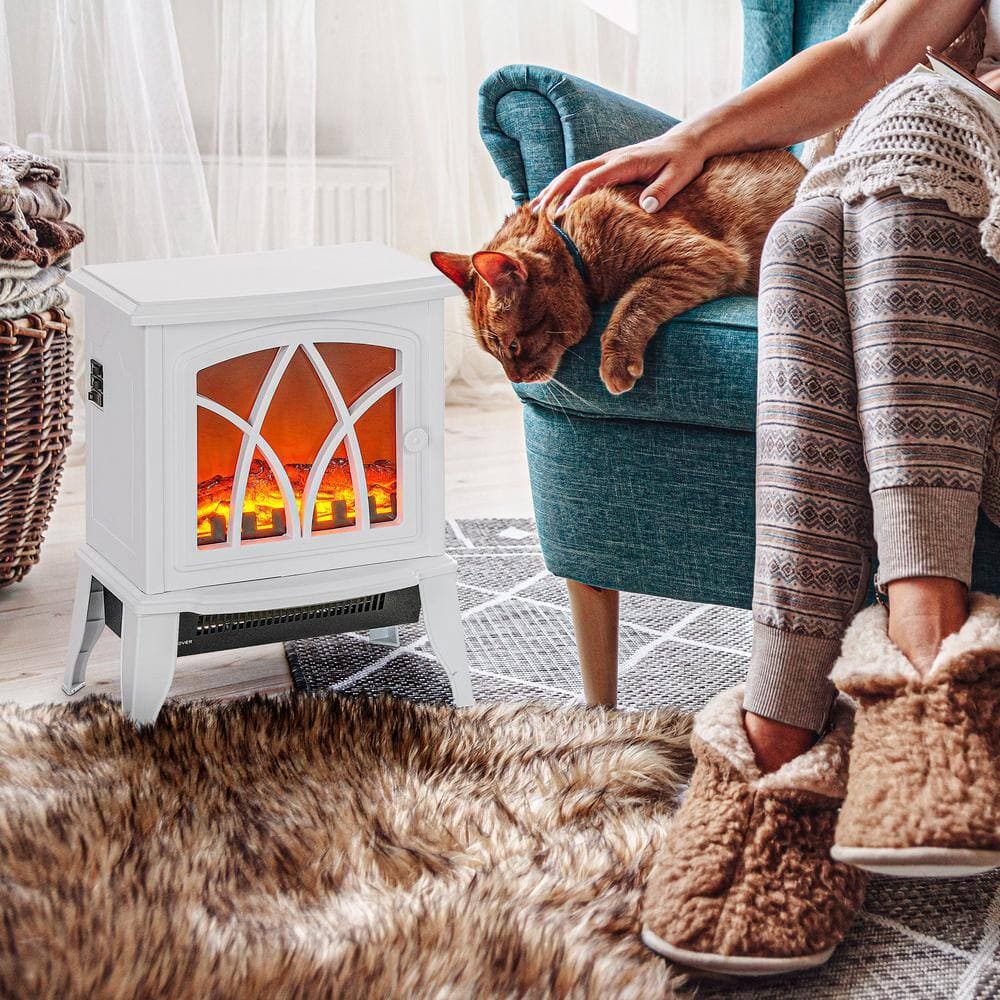 Ahfiwaso 14.25 in. x 18 in. Freestanding Electric Fireplace Heater Heater with Realistic Flame, Overheating Protection, White (2)