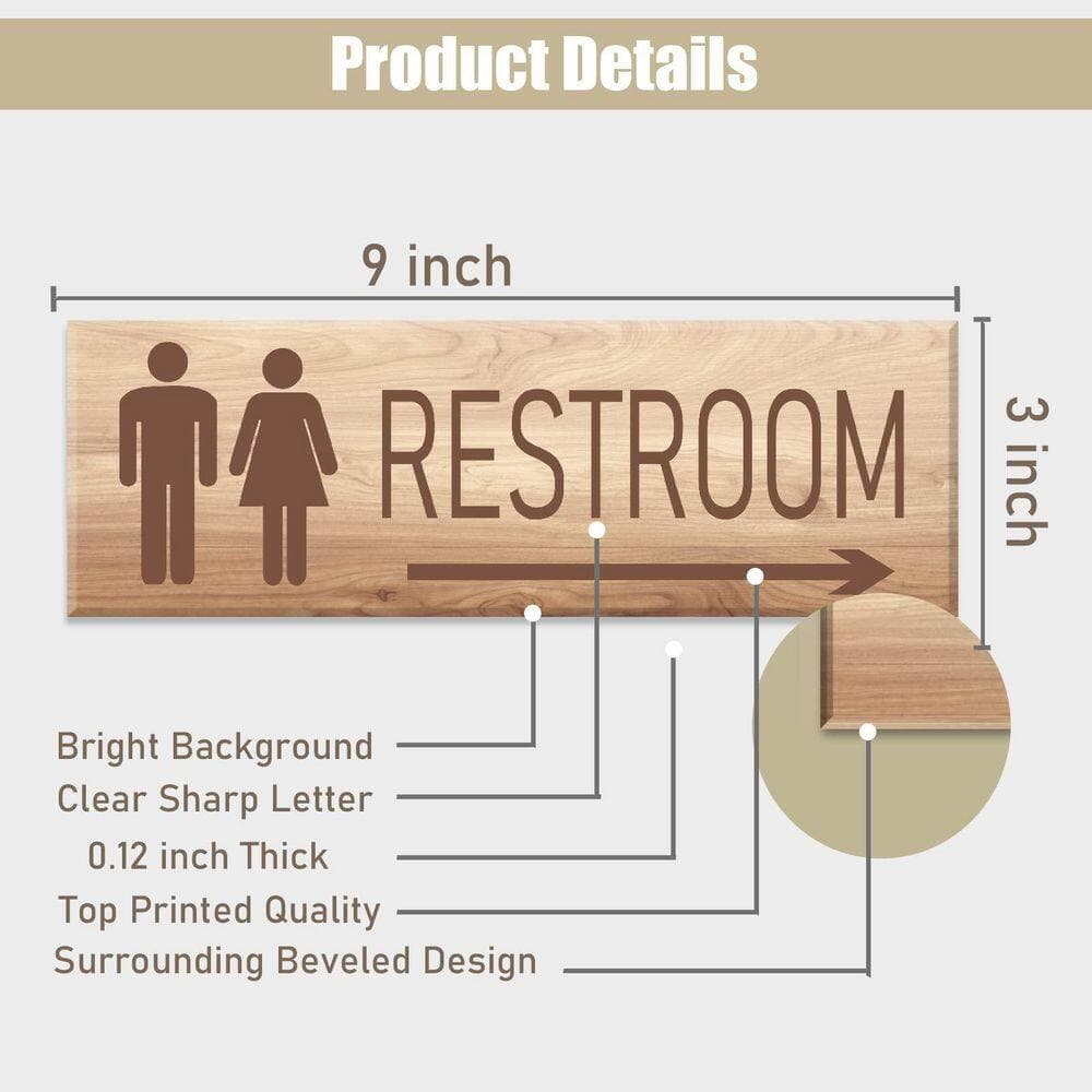 LAIFUCAM 1-Pack 9 x 3 in. Acrylic Wood Graining Finish Self-stick Restroom Door Wall Sign Arrow Right for Easy Mounting (2)