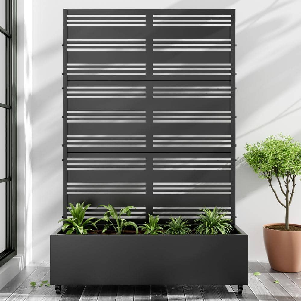 Lirago 72 in. x 47 in. Black Outdoor Metal Privacy Screen Raised Planter Box Wall Decor (1)
