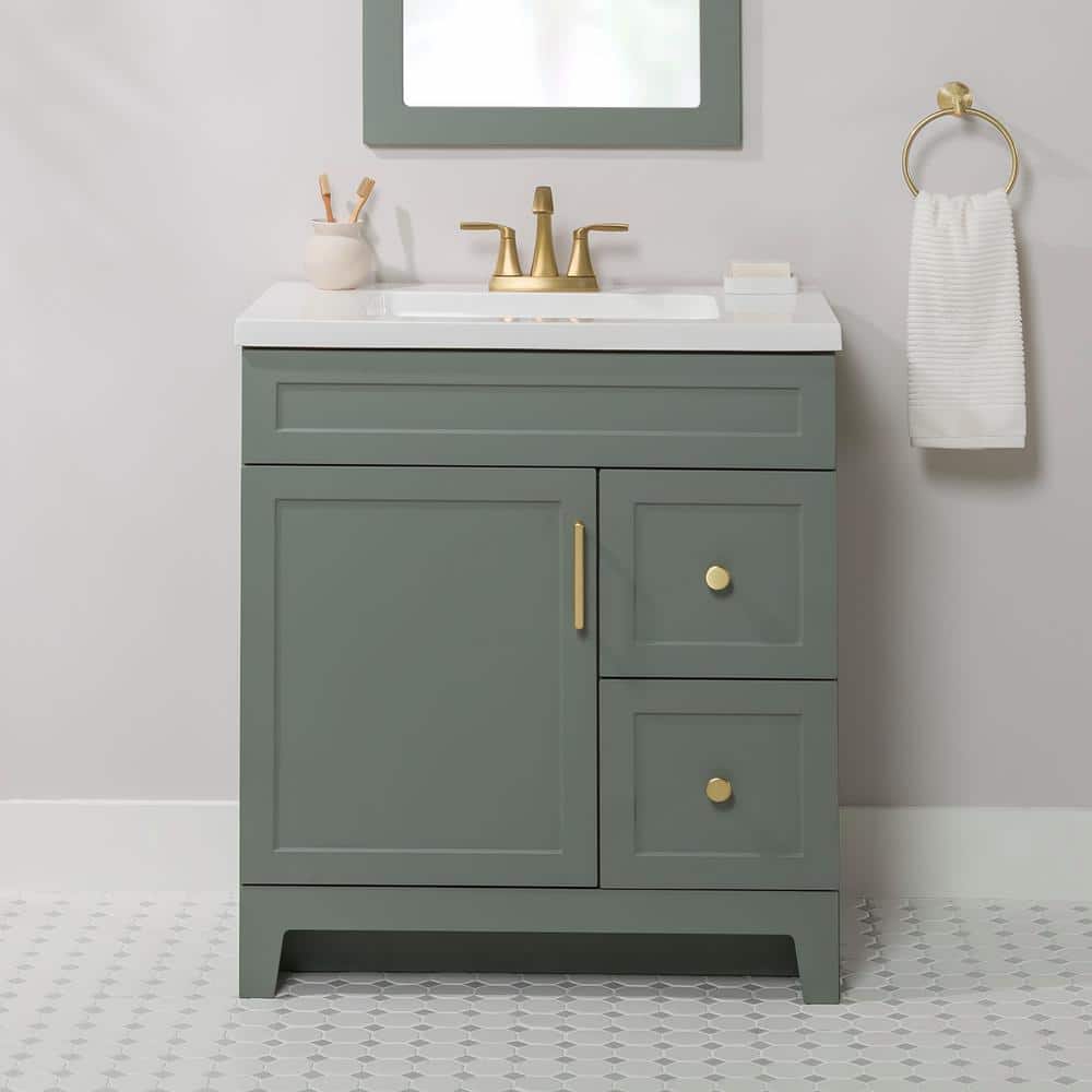 Glacier Bay Chasbury 31 in. Single Sink Palm Green Freestanding Bath Vanity with White Cultured Marble Top (Assembled) (2)