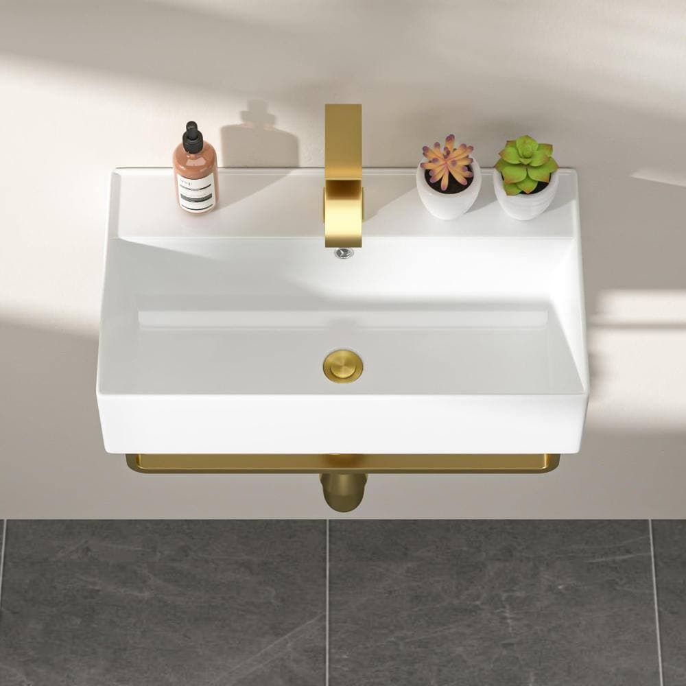 Dcolora 21 In. White Wall-Mounted Vessel Sink, Rectangular Ceramic Floating Sink with Gold Faucet & Towel Rack For Bathroom (3)