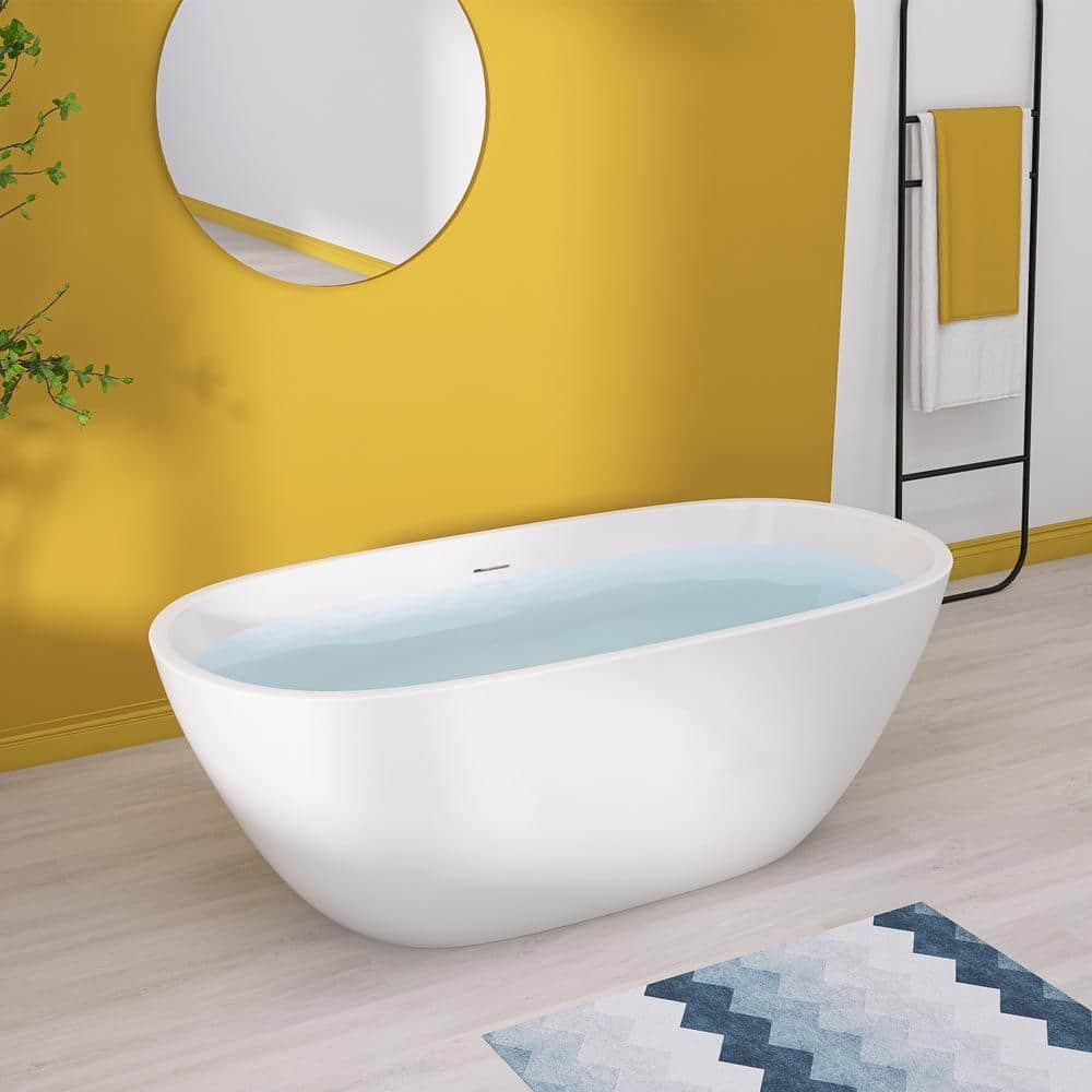 NTQ 65 in. x 29.5 in. Free Standing Soaking Bathtub Oval Freestanding Alone Soaker Tub with Removable Drain in Glossy White (1)