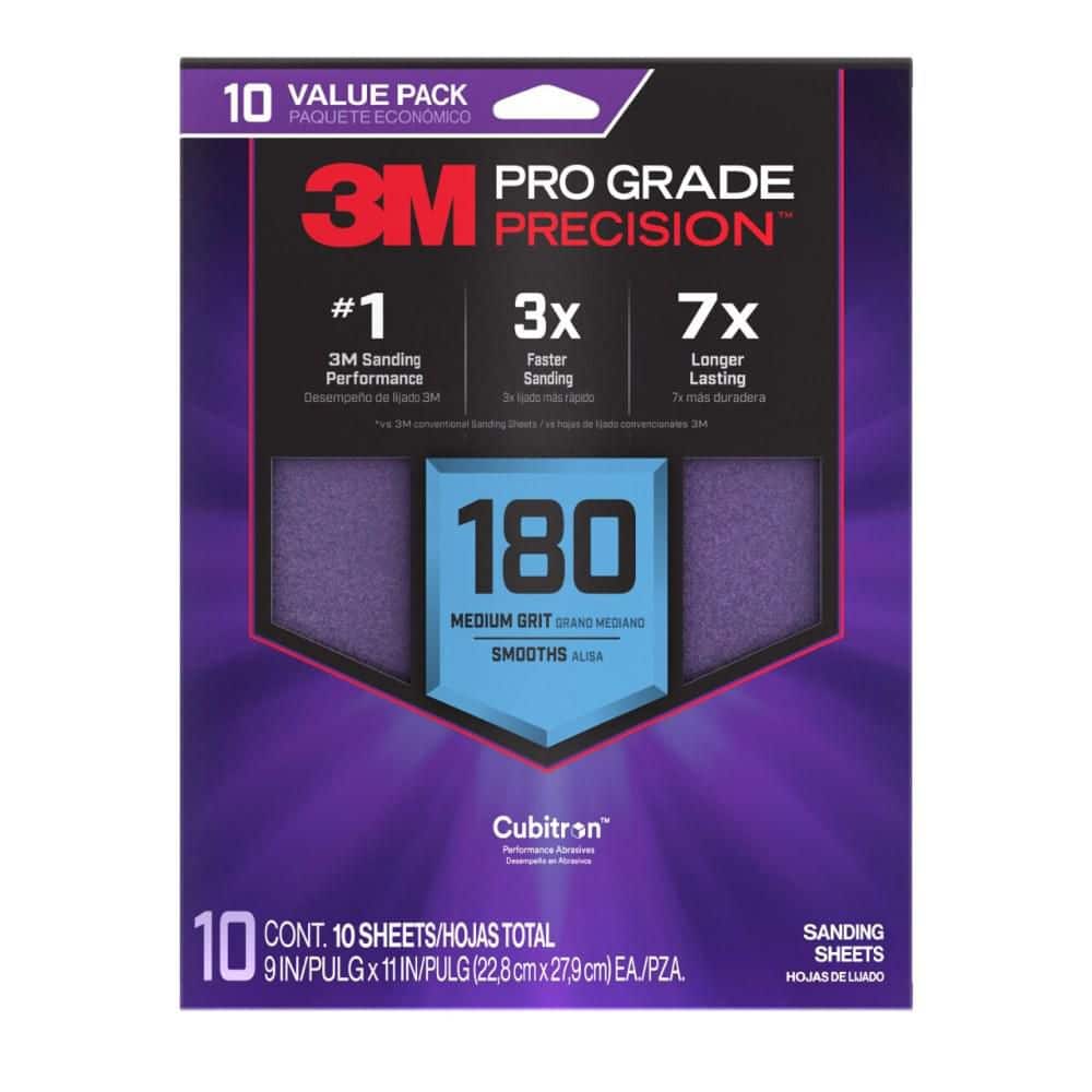 3M Pro Grade Precision 9 in. x 11 in. 180 Grit Faster Sanding Sheets with No-Slip Grip Backing (10-Pack)