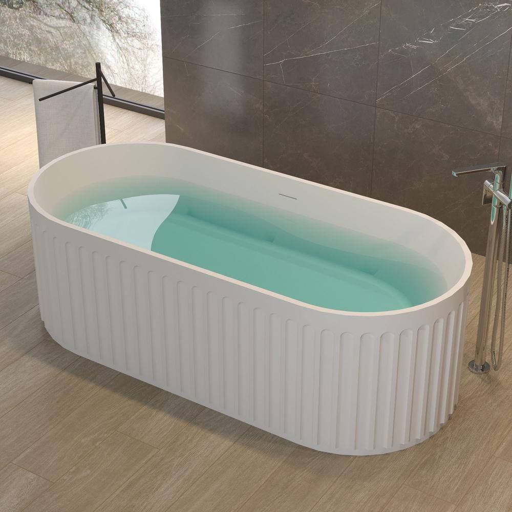Opvande 67 in. x 29.5 in. Freestanding Soaking Solid Surface Bathtub with Center Drain in Matte White (2)