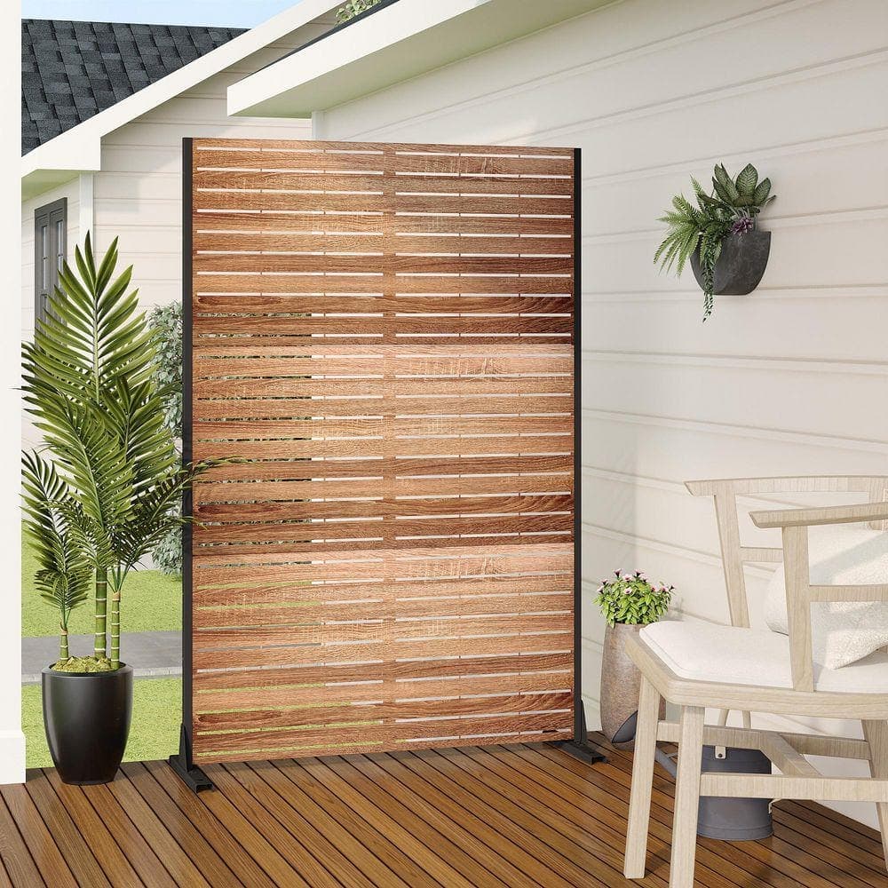 Lirago 72 in. x 47 in. Outdoor Metal Privacy Screen Garden Fence in Natural Wood Pattern (2)