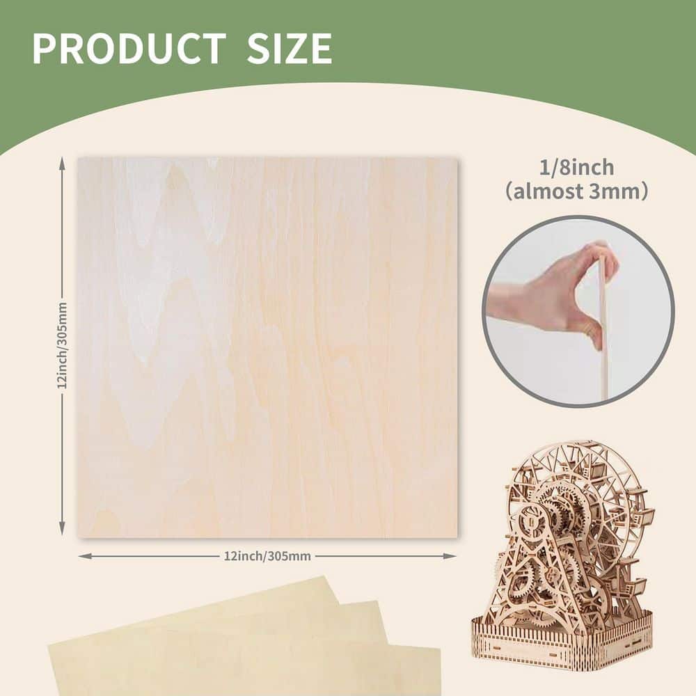 Afoxsos 1/8 in. x 12 in. x 12 ft. Unfinished Basswood Plywood Project Panel for Laser Cutting, Wood Burning, DIY Crafts(48-Pack) (2)