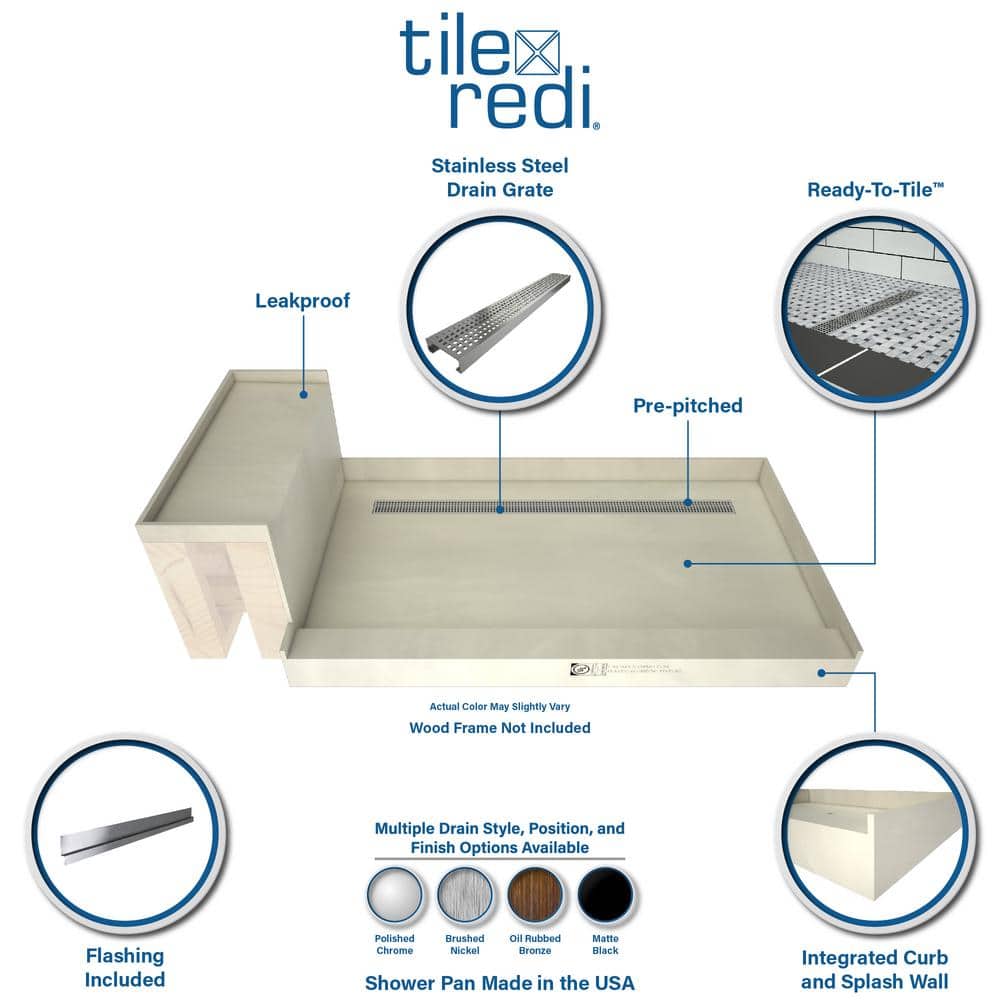 Tile Redi Base'N Bench 30 in. x 60 in. Single Threshold Shower Base and Bench Kit with Left Drain and Polished Chrome Trench Grate (2)