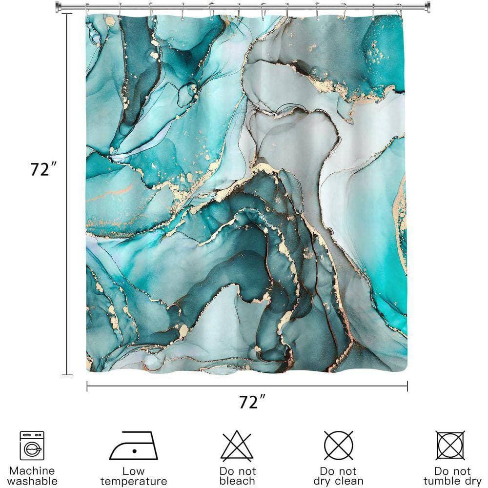 JFVKAF 72 x 72 Fabric Shower Curtain Set Teal Marble Modern Abstract Turquoise Gold Ink Texture with Hooks (3)