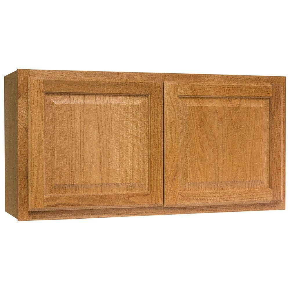 Hampton Bay Hampton 36 in. W x 12 in. D x 18 in. H Assembled Wall Bridge Kitchen Cabinet in Medium Oak