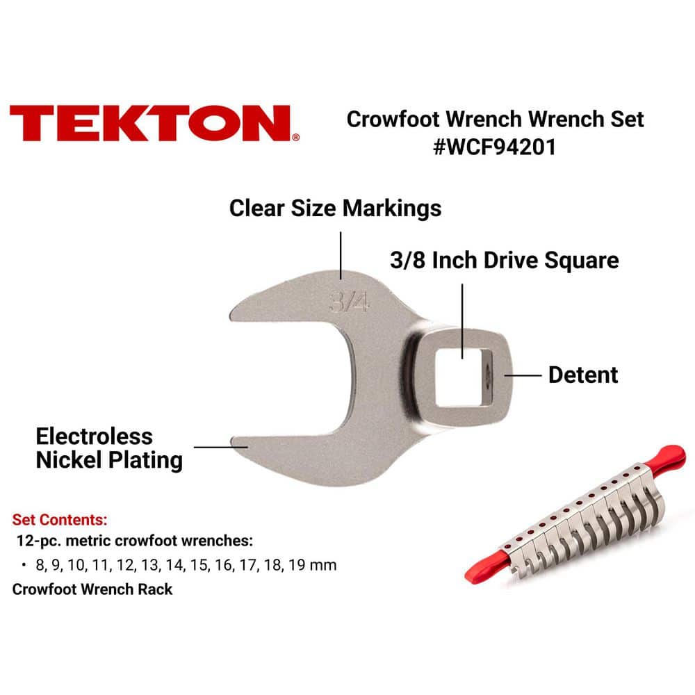TEKTON 8 mm-19 mm 3/8 in. Drive Crowfoot Wrench Set with Key (12-Piece) (2)