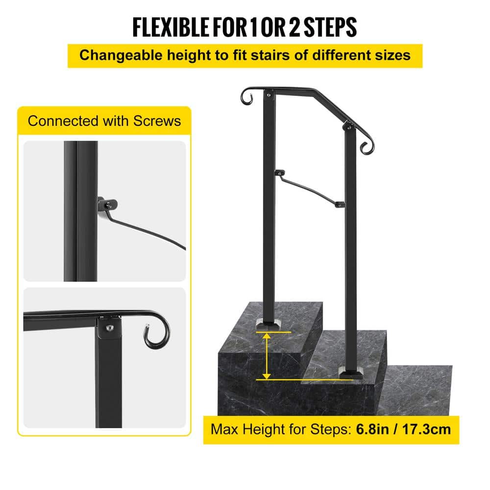 SVOPES 38.5 in. H x 11.8 in. W, Black Wrought Iron Railing for Outdoor Use, Flexible Porch Stair Handrail, Stair Railing Kit (3)