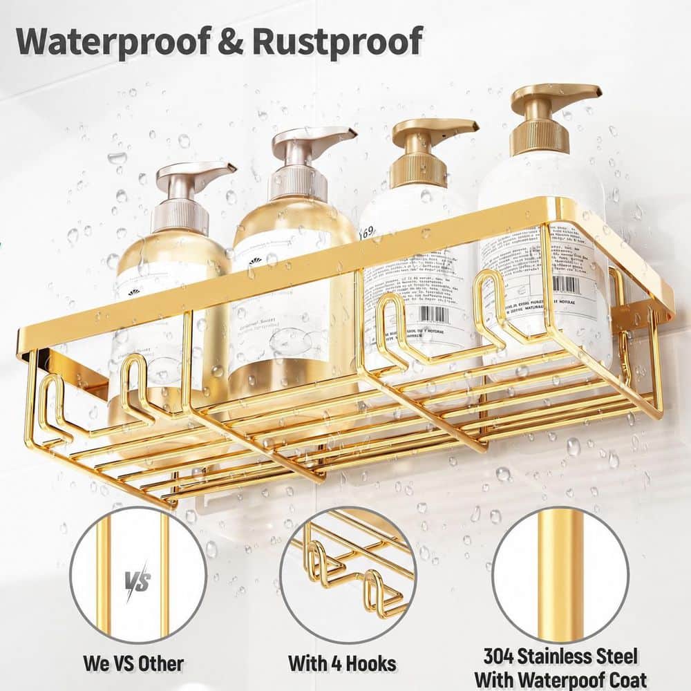 Anqtovp Self Adhesive Mount Rustproof Stainless Steel 5 Pack Shower Caddy with Storage Racks in Gold Finish (3)