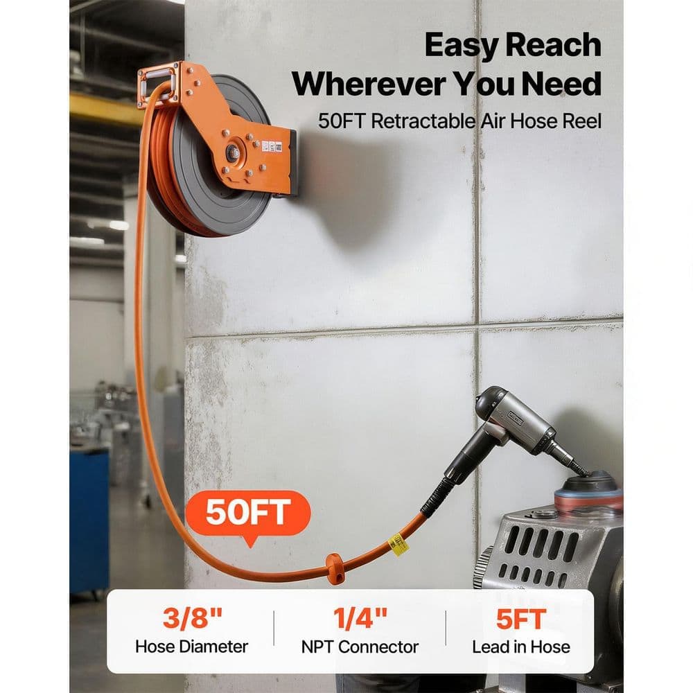 VEVOR Retractable Air Hose Reel, 3/8 in. x 50 ft. Hybrid Air Hose Max 300PSI, Auto Rewind Air-Compressor Hoses Reel (2)