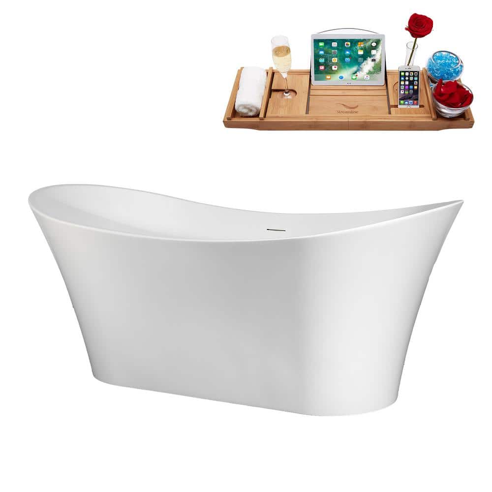 Streamline 67 in. x 31 in. Acrylic Freestanding Soaking Bathtub in Glossy White With Brushed Nickel Drain, Bamboo Tray (3)