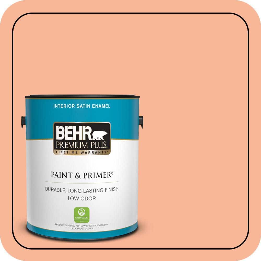 BEHR PREMIUM PLUS 1 gal. #P190-3 Melon Sorbet Satin Enamel Low Odor Interior Paint & Primer (1)