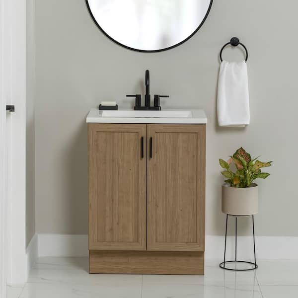 Glacier Bay Fonthill 24.5 in. W x 18.75 in. D x 32.89 in. H Single Sink Bath Vanity in Sand Elm with White Cultured Marble Top