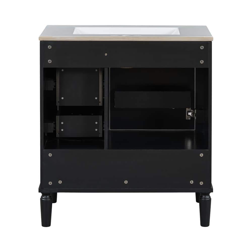Flynama 30" Black Traditional Vanity,3 Drawers+Soft Close Door,Long Gold Metal Handles (2)