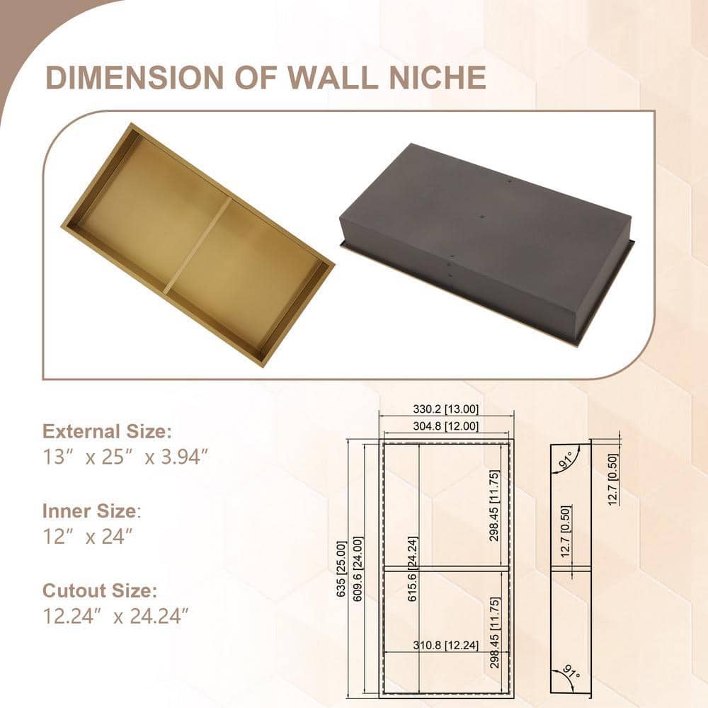 LORDEAR 13 in. W x 25 in. H x 4 in. D 18-Gauge Stainless Steel Bathroom Shower Niche in Matte Gold with Shelf (2)