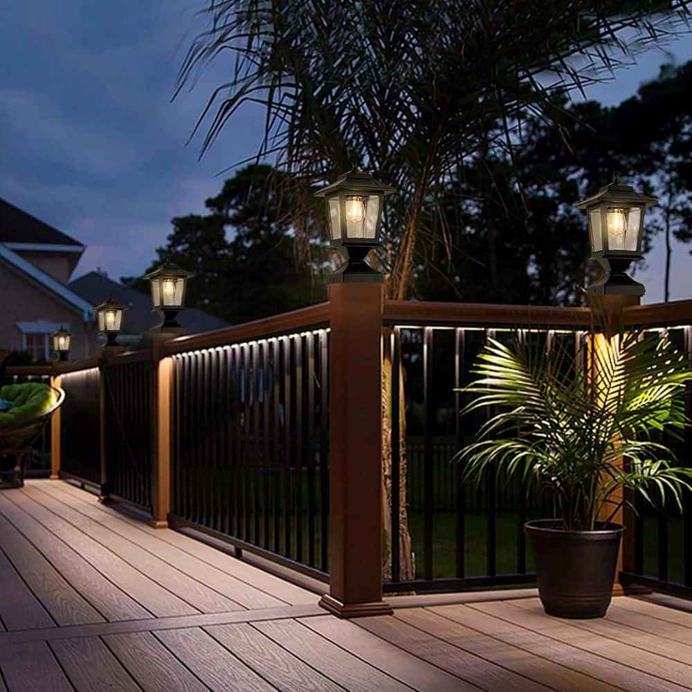 Afoxsos 2-Pack Matte Black Glass Shade Solar Post Cap Lights for 4 x 4 Wooden Posts Waterproof Outdoor Deck Fence Patio Decor (3)