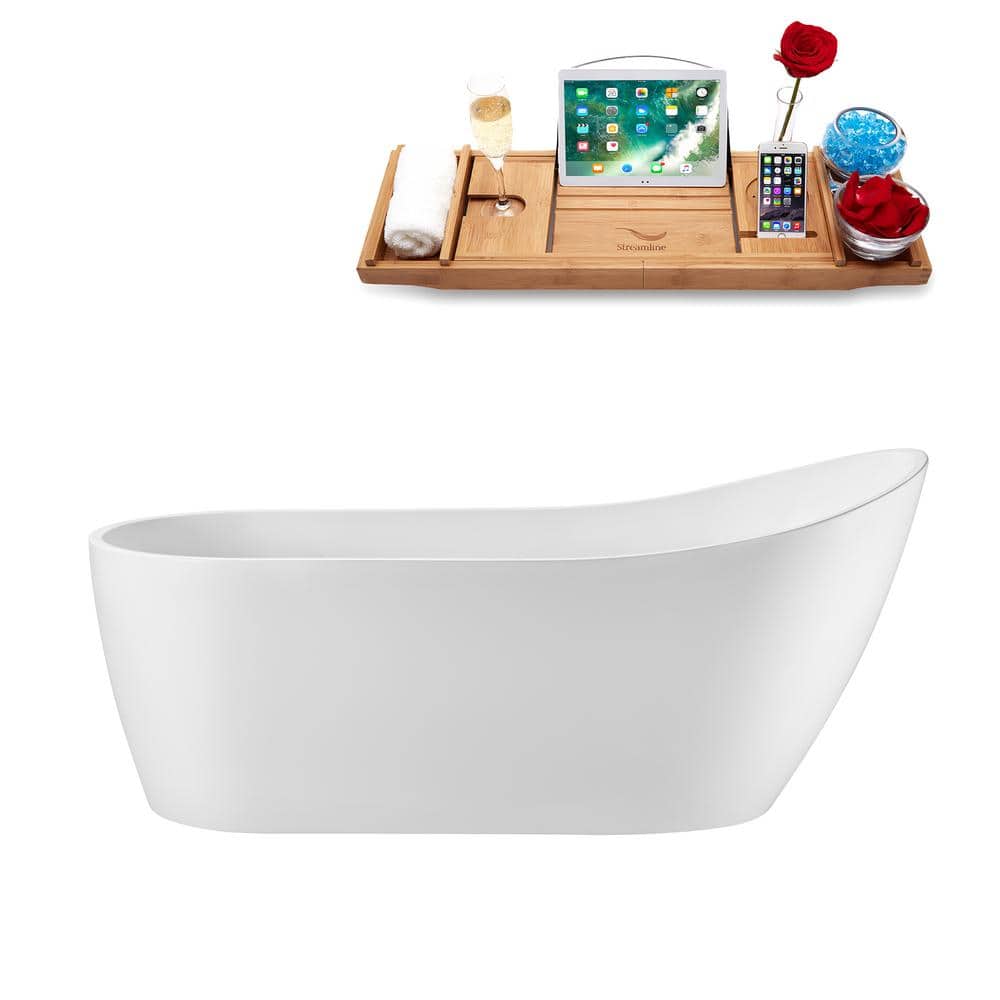Streamline 69 in. x 32 in. Acrylic Freestanding Soaking Bathtub in Glossy White with Polished Gold Drain, Bamboo Tray (1)