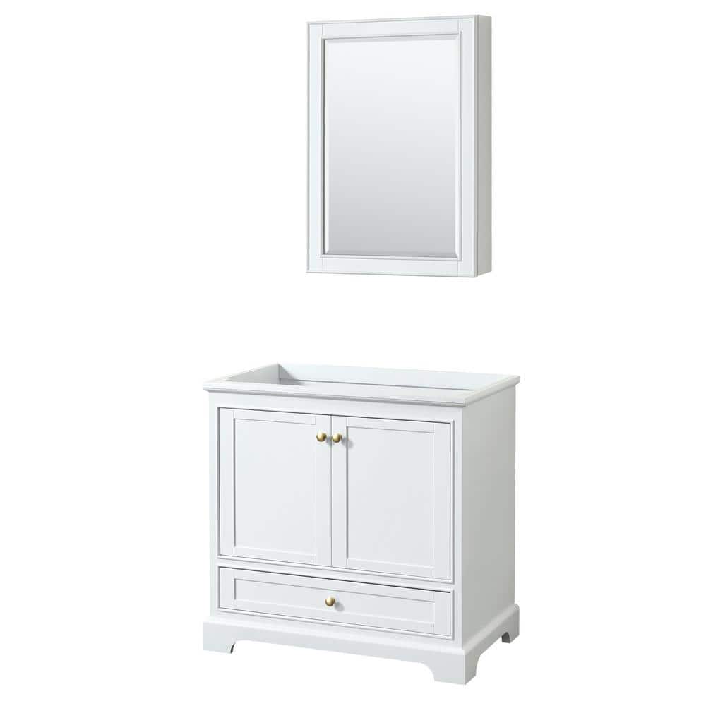 Wyndham Collection Deborah 25 in. W 21.5 in. D 34.25 in. H Bath Vanity Cabinet without Top White with Gold Trim and MC Mirror