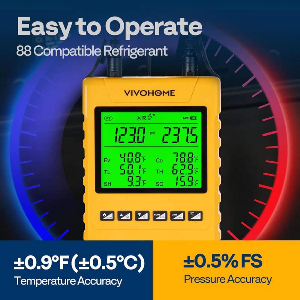 VIVOHOME Refrigeration Digital HVAC Manifold Gauge Set with 2-Wired Temperature Clamp Probes and 3-Hoses Pressure and Temp Test (3)