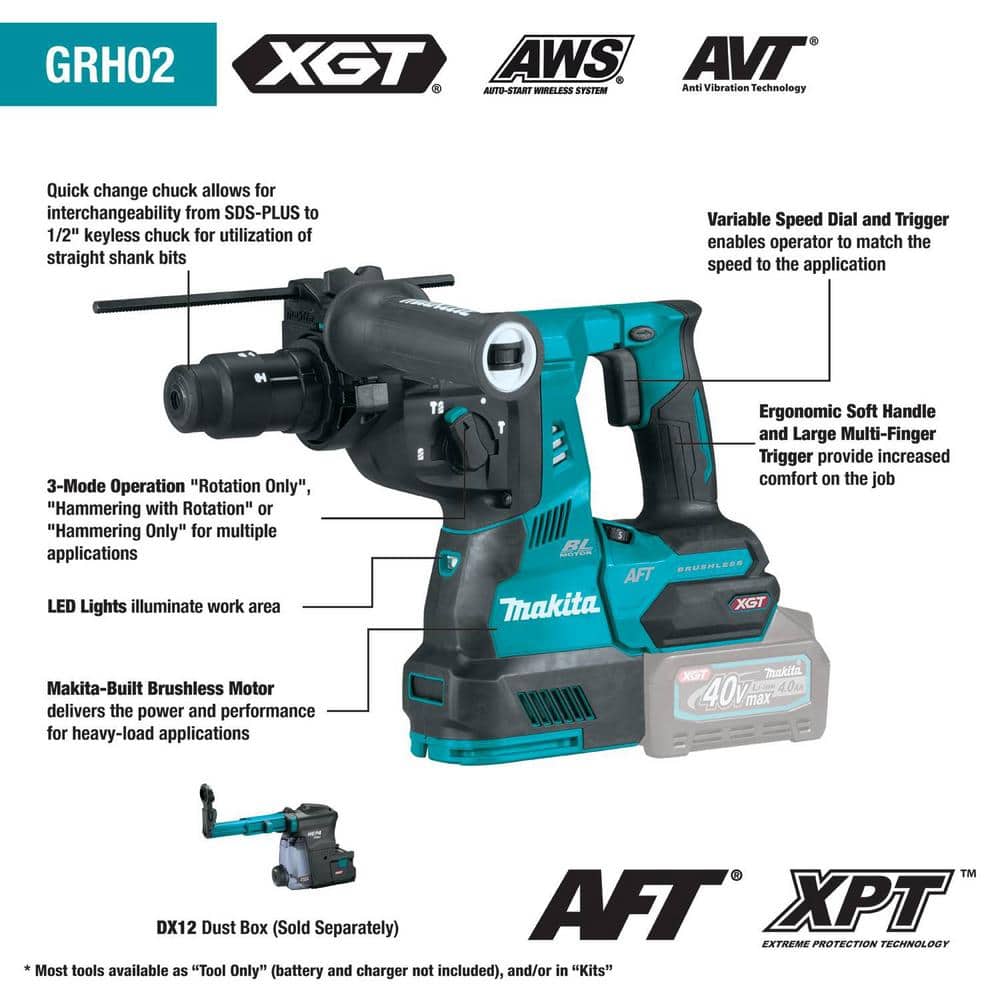Makita 40V Max XGT Brushless Cordless 1-1/8 in. Rotary Hammer, with Interchangeable Chuck, AWS Capable (Tool Only) (3)
