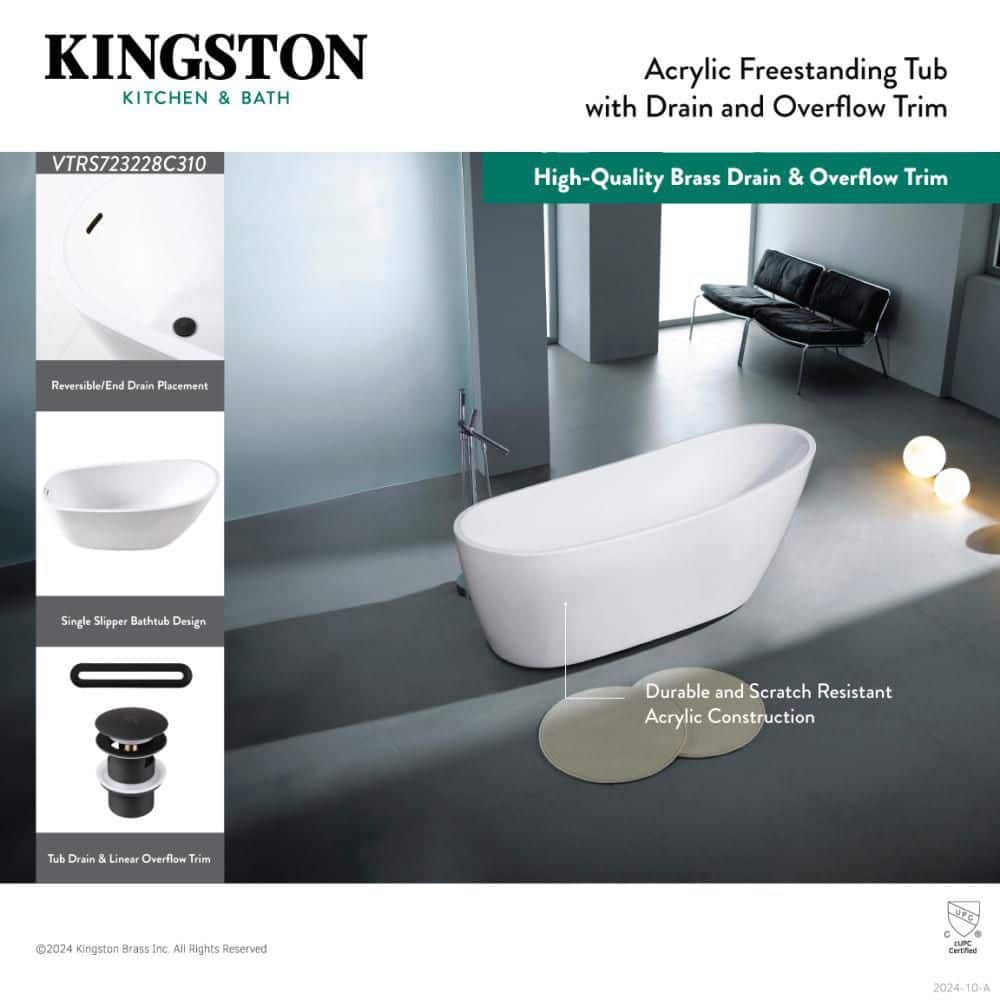 Kingston Brass Aqua Eden 72 in. x 31.9 in. Acrylic Flatbottom Soaking Freestanding Bathtub in Glossy White/Matte Black with Drain (3)