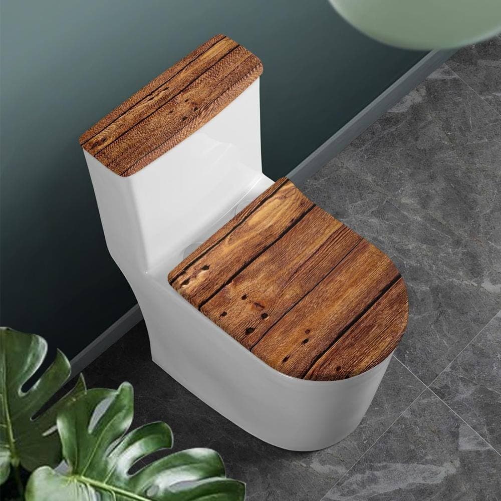 Unbranded Toilet Lid and Tank Cover Set in Brown Wood Grain Pattern with Dust Proof and Elastic Edges for Elongated Toilets (2)