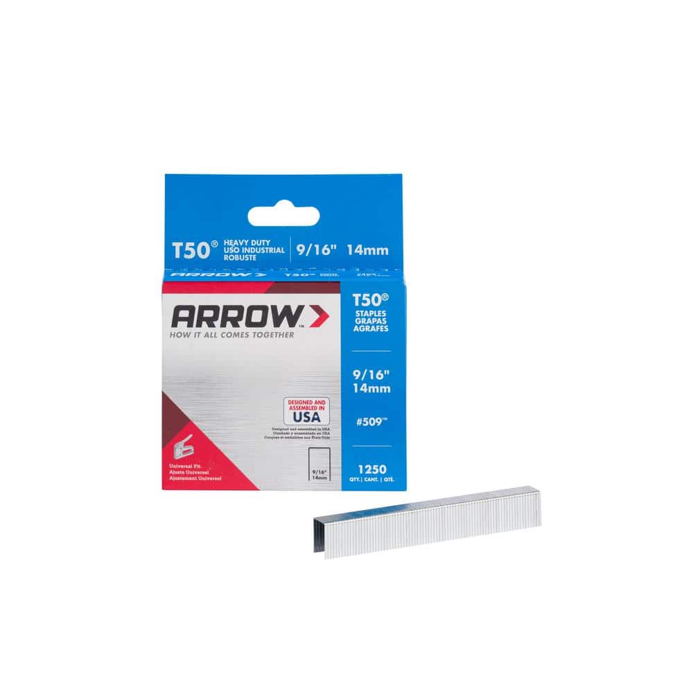 Arrow T50 9/16 in. Leg x 3/8 in. 509 Galvanized, Medium Crown, Chisel Point, 20-Gauge, Heavy-Duty Steel Staples (1,250-pack) (1)