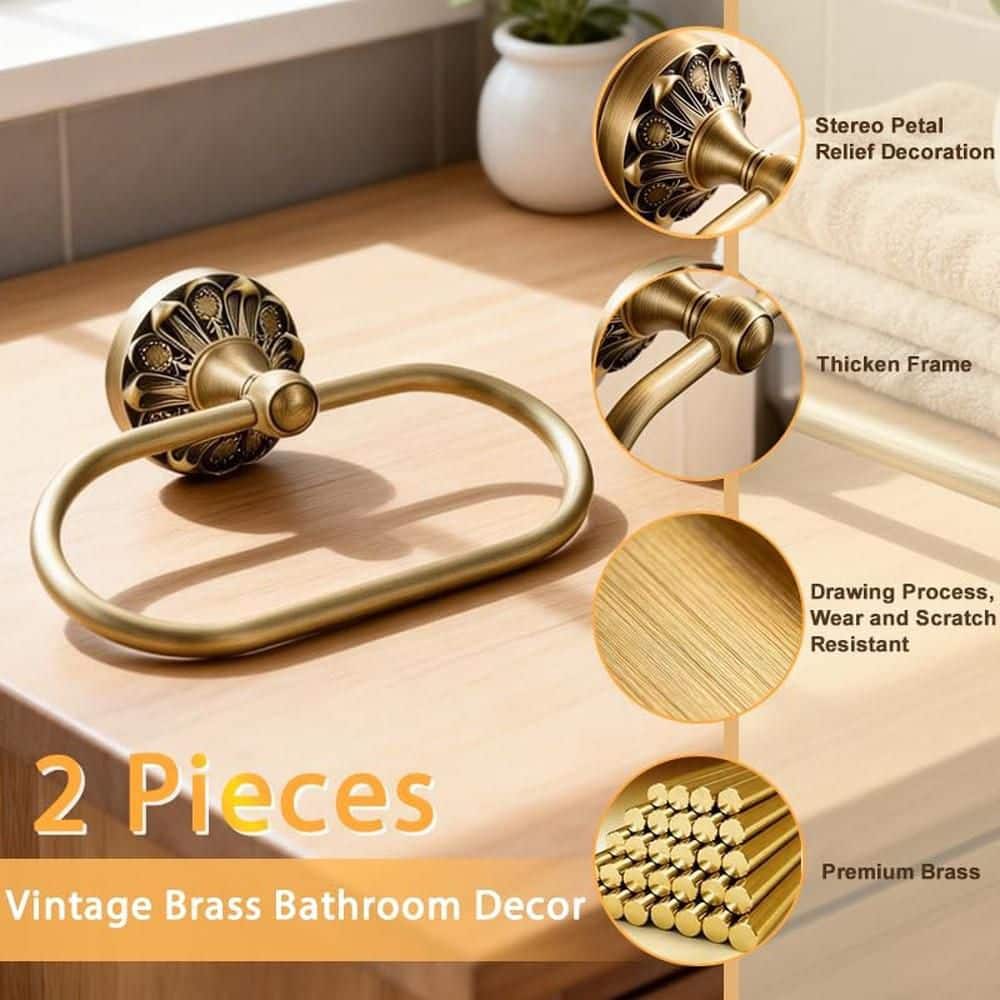 Anqtovp 2-Piece Bathroom Hardware Set Wall Mounted Brass Toilet Paper Holder and Towel Ring in Champagne Bronze (3)