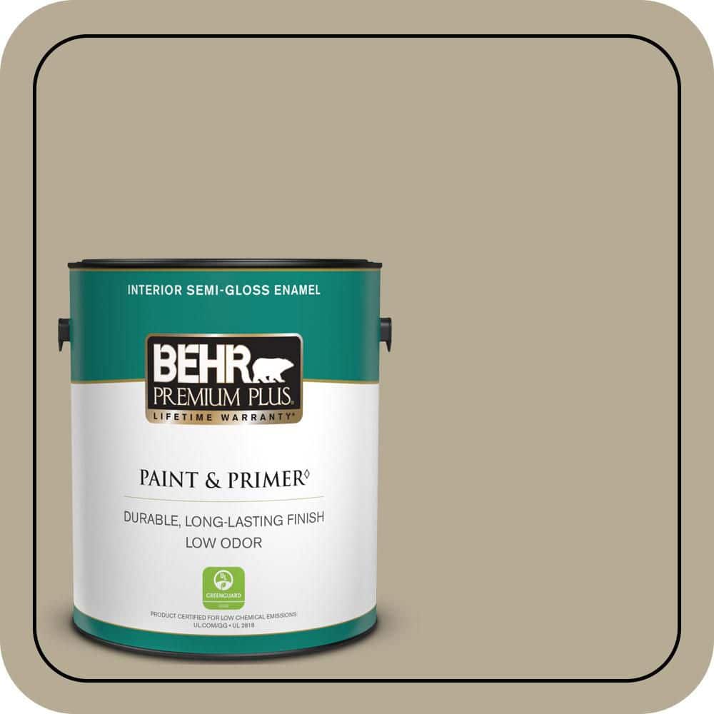 BEHR PREMIUM PLUS 1 gal. #N330-4 Explorer Khaki Semi-Gloss Enamel Low Odor Interior Paint & Primer