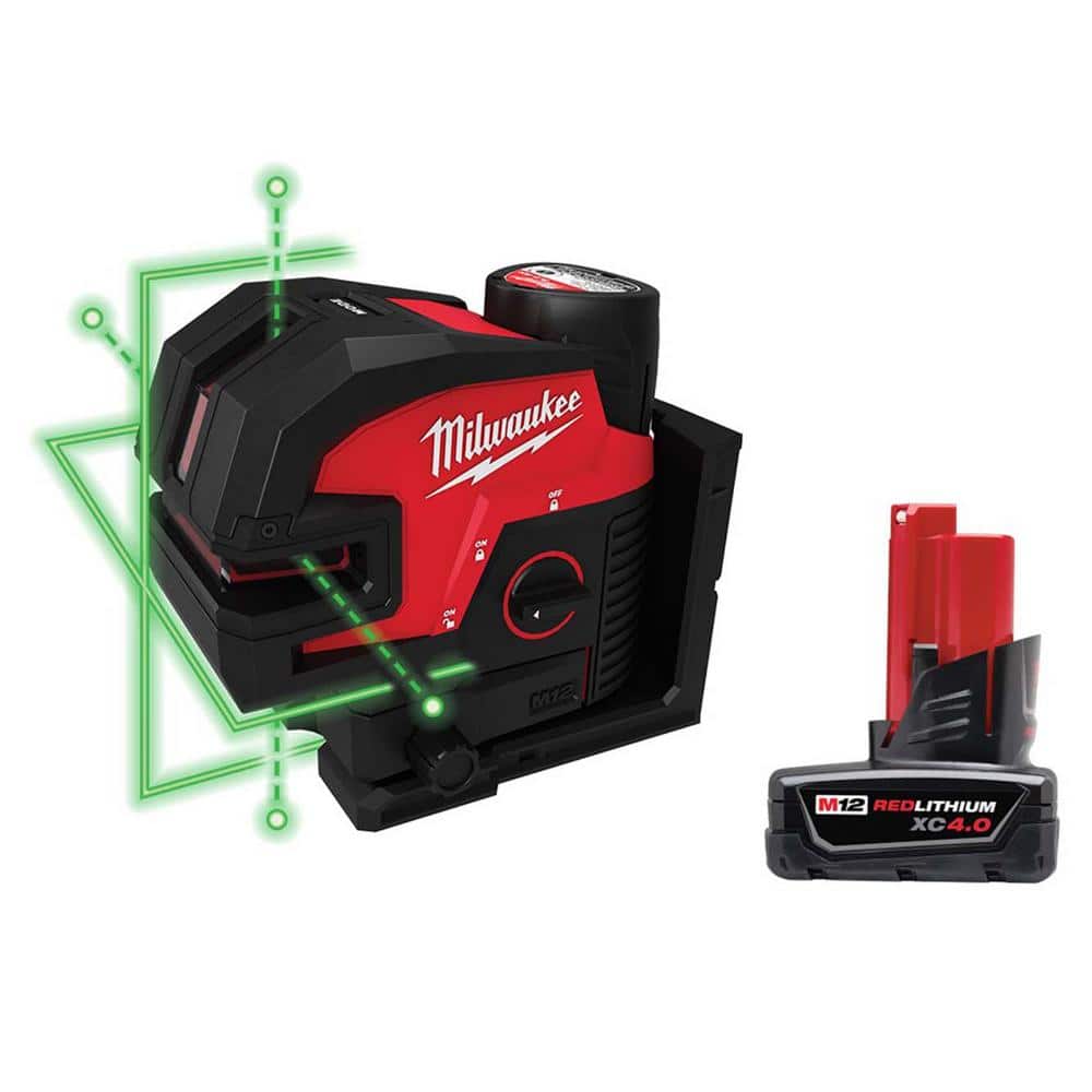Milwaukee M12 12-Volt Lithium-Ion Cordless 125 ft. Green Cross Line and 4-Points Laser Level Kit Plus 4.0Ah Battery (1)