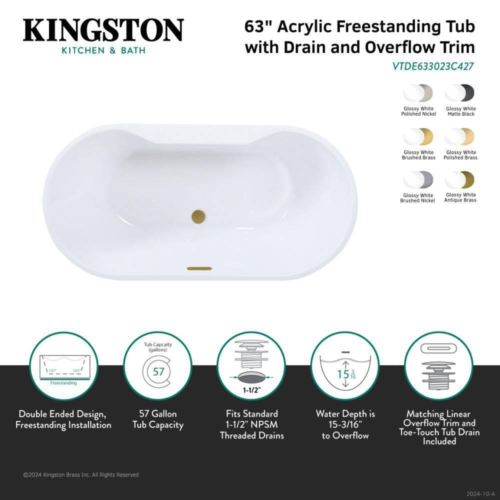 Kingston Brass Aqua Eden 63 in. x 29.5 in. Acrylic Flatbottom Freestanding Soaking Bathtub in Glossy White/Matte Black with Drain (2)