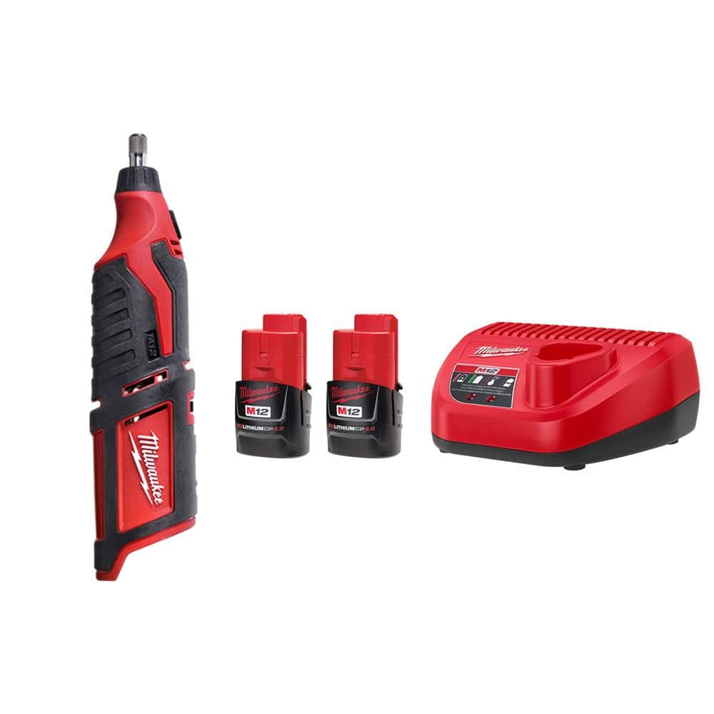 Milwaukee M12 12V Lithium-Ion Cordless Rotary Tool with M12 Compact 2.0 Ah Battery (2-Pack) Starter Kit and Charger