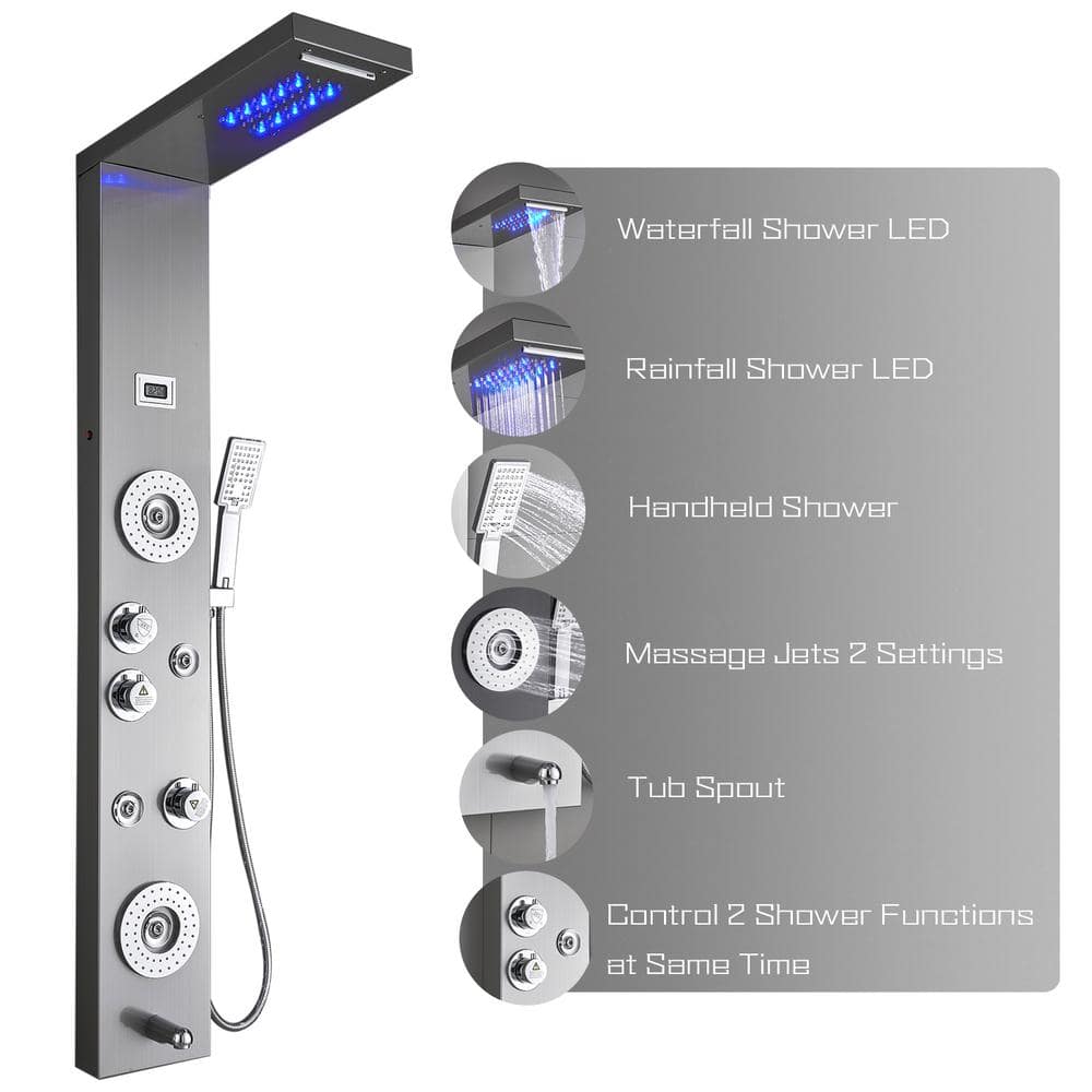 ELLO&ALLO 52 in. 6-Jet Shower Tower Panel System with LED Rainfall Waterfall Shower Head and Tub Spout in Brushed Nickel