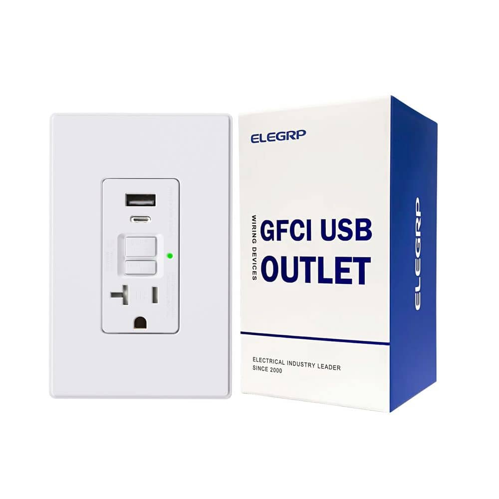 ELEGRP 20 Amp Tamper Resistant Self-Test GFCI Outlet Receptacle 24-W In-Wall USB Charger combo, Type A and C, White(1-Pack) (1)