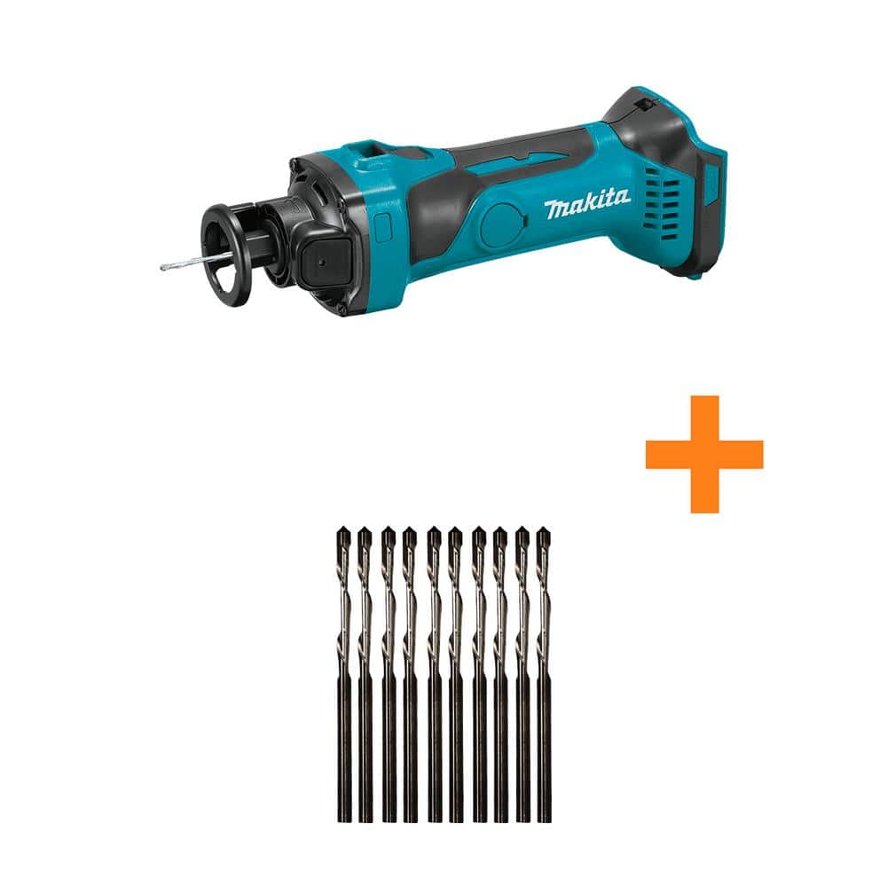Makita 18V LXT Lithium-Ion Cordless Cut-Out Tool with 1/8 in. Spiral Cut Out Bit Drywall Guide Tips (10-Pack)