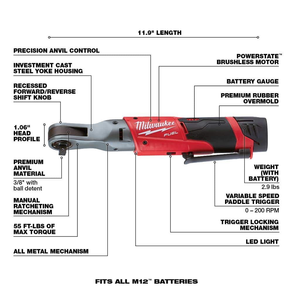 Milwaukee M12 FUEL 12V Lithium-Ion Brushless Cordless 3/8 in. Ratchet Kit with (2) 2.0Ah Batteries, Charger & Tool Bag (4)