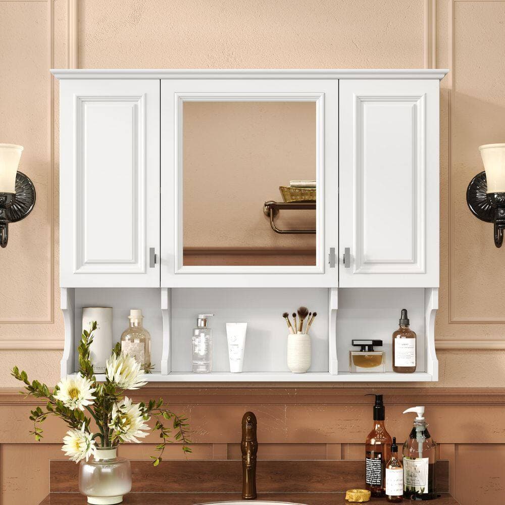 Tahanbath Classic 7.30 in. W x 35.00 in. D x 28.70 in. H Bathroom Storage Wall Cabinet in White with Open Shelves and Mirror (2)