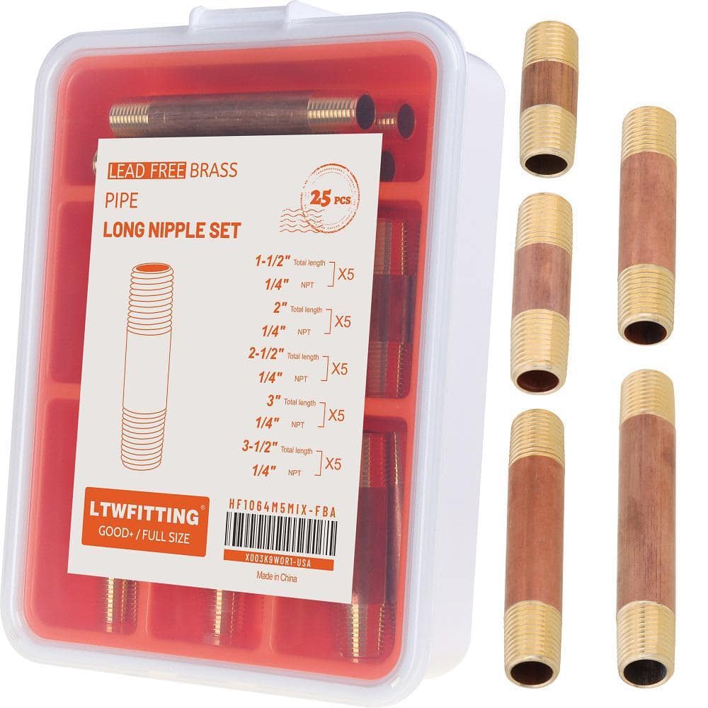 LTWFITTING Assortment Kit (1-1/2 in. 2 in. 2-1/2 in. 3 in. 3-1/2 in.) x 1/4 in. Male NPT Brass Pipe Long Nipple Set (25-Pack) (1)