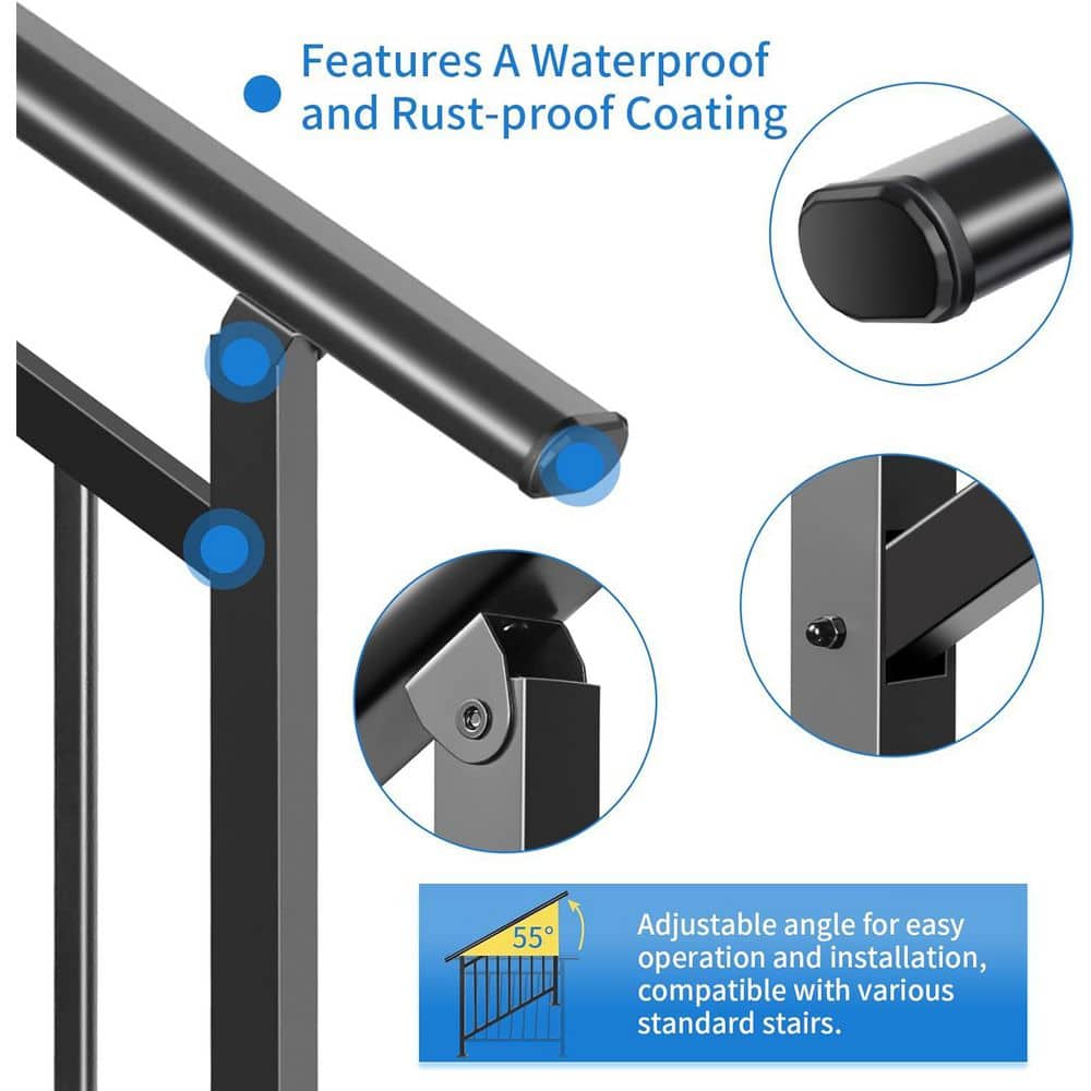 Afoxsos 39 H x 37 W Black Wrought Iron Adjustable Stair and Horizontal Handrails, 3-Step Railing Kit for Outdoor Steps Porches (3)