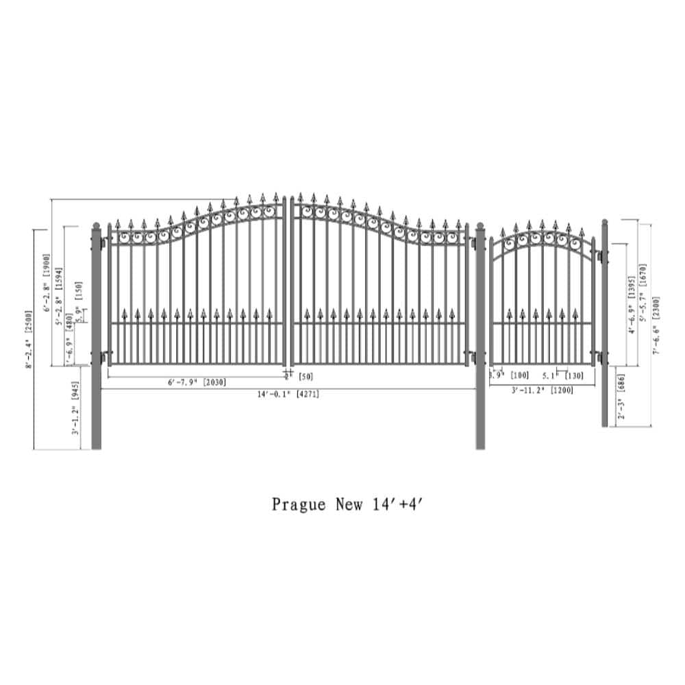 ALEKO Prague Style 14 ft. 6 ft. with Pedestrian Gate Black Steel Swing Dual Driveway Fence Gate (3)